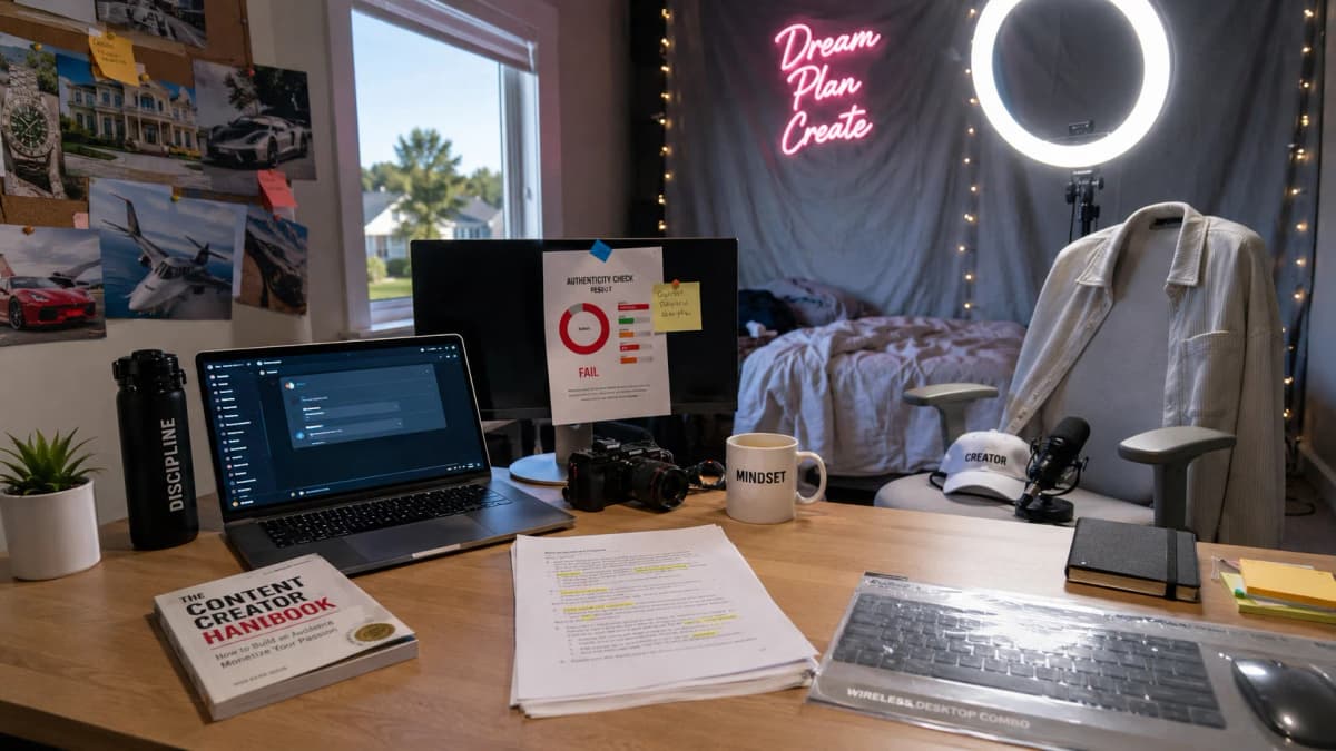 An empty creator desk with a script visibly generated by AI on screen and a ring light in the background, suggesting unverified content