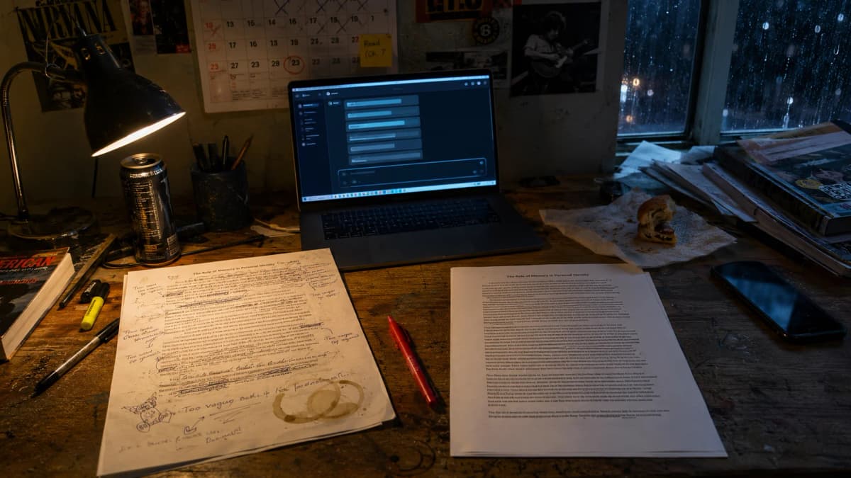 Two student essays side by side on a desk, one messy and handwritten-style, one uniformly polished, illustrating the detection challenge