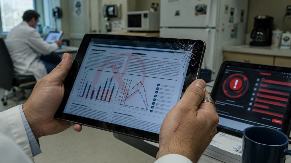 A tablet displaying a fabricated medical journal article alongside an alert notification, illustrating the risk of AI-generated clinical content