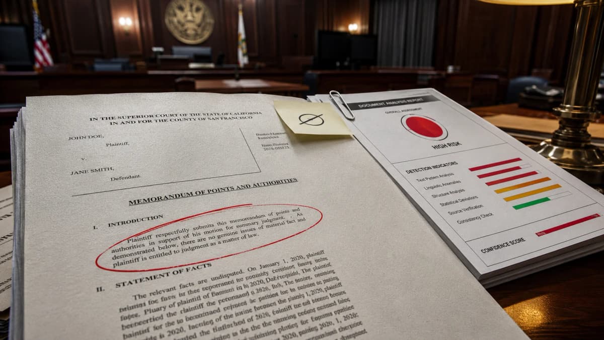 A legal brief with a section circled in red, paperclipped to a detection report, illustrating a flagged citation before filing