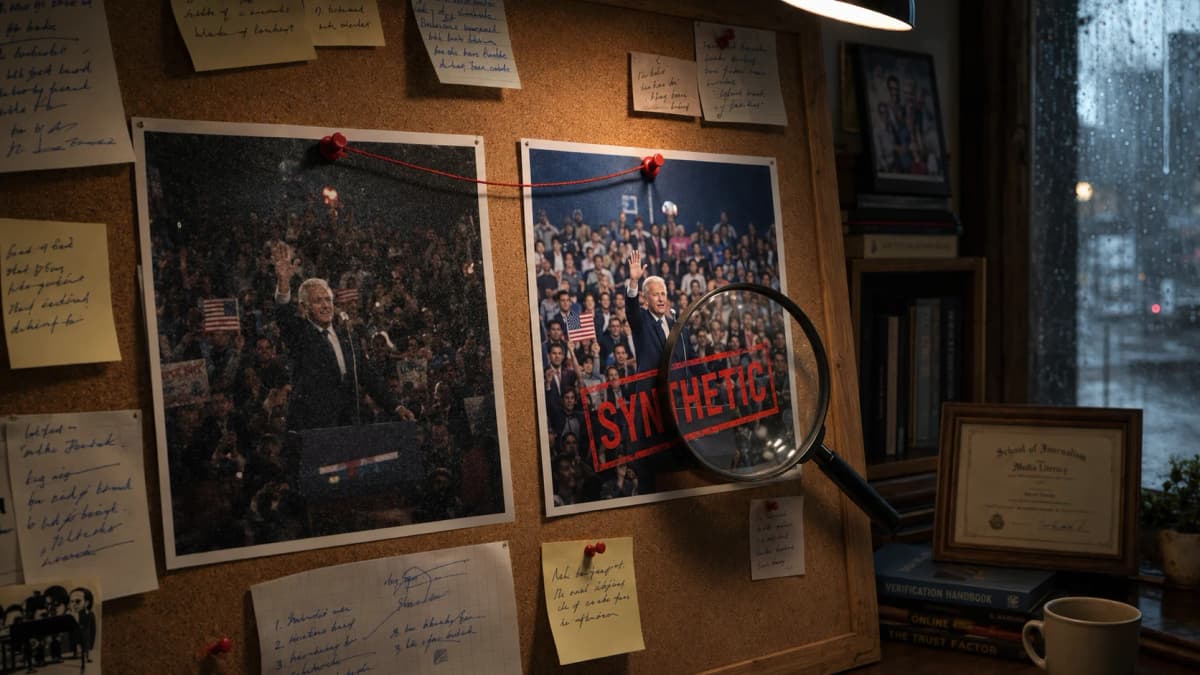 A corkboard comparing an authentic grainy rally photo against a suspiciously polished synthetic version of the same scene