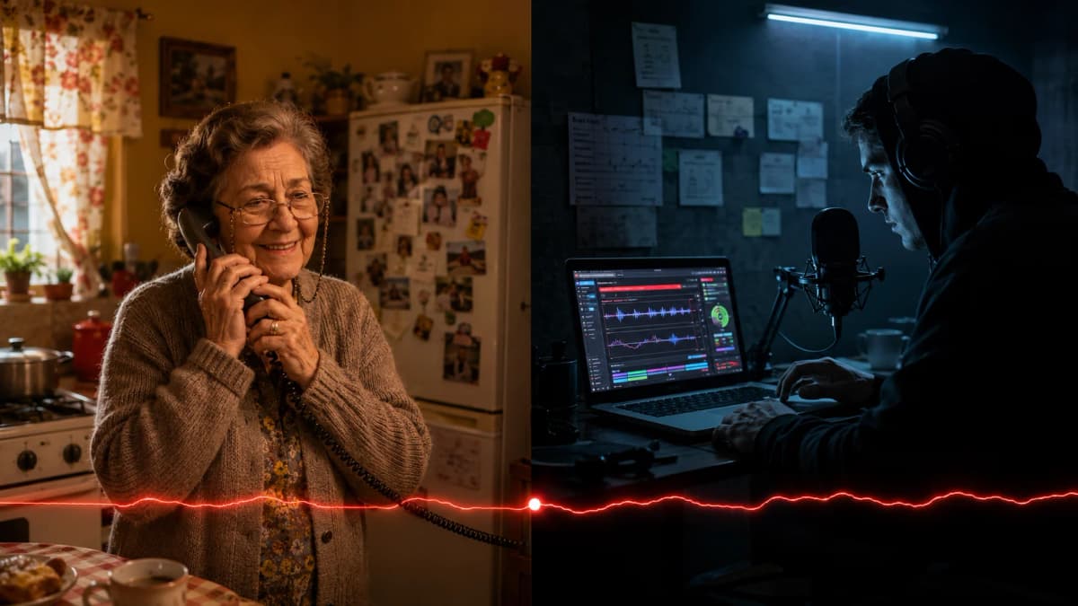 A split image showing a grandmother on the phone in a warm kitchen next to an attacker using voice-cloning software in a dark room